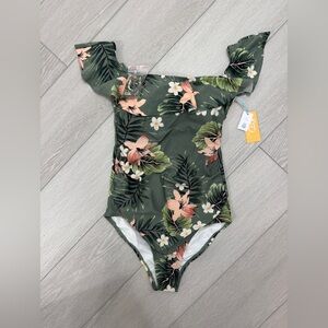 NWT Kona Sol Floral Green Swimsuit off-shoulder Size M (8-10)